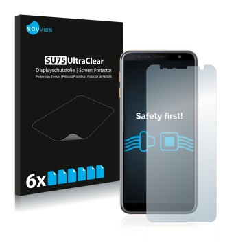 Parte frontal de un envase de producto con el logotipo de la marca Savvies. Al lado se muestra el dispositivo Samsung Galaxy J
