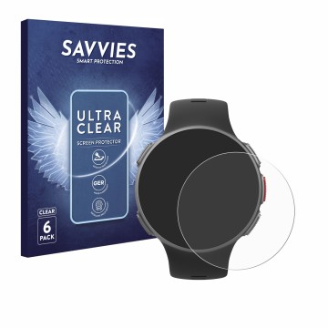 Front side of a product packaging with the brand logo Savvies. Next to it is the device Polar Vantage V shown with the corresp