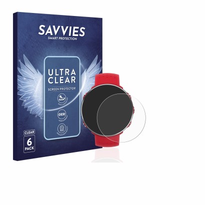 Front side of a product packaging with the brand logo Savvies. Next to it is the device Polar Vantage M shown with the corresp