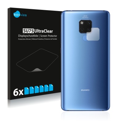 Face avant d’un emballage produit avec le logo de la marque Savvies. À côté, l’appareil Huawei Mate 20 X (Caméra UNIQUEMENT) e