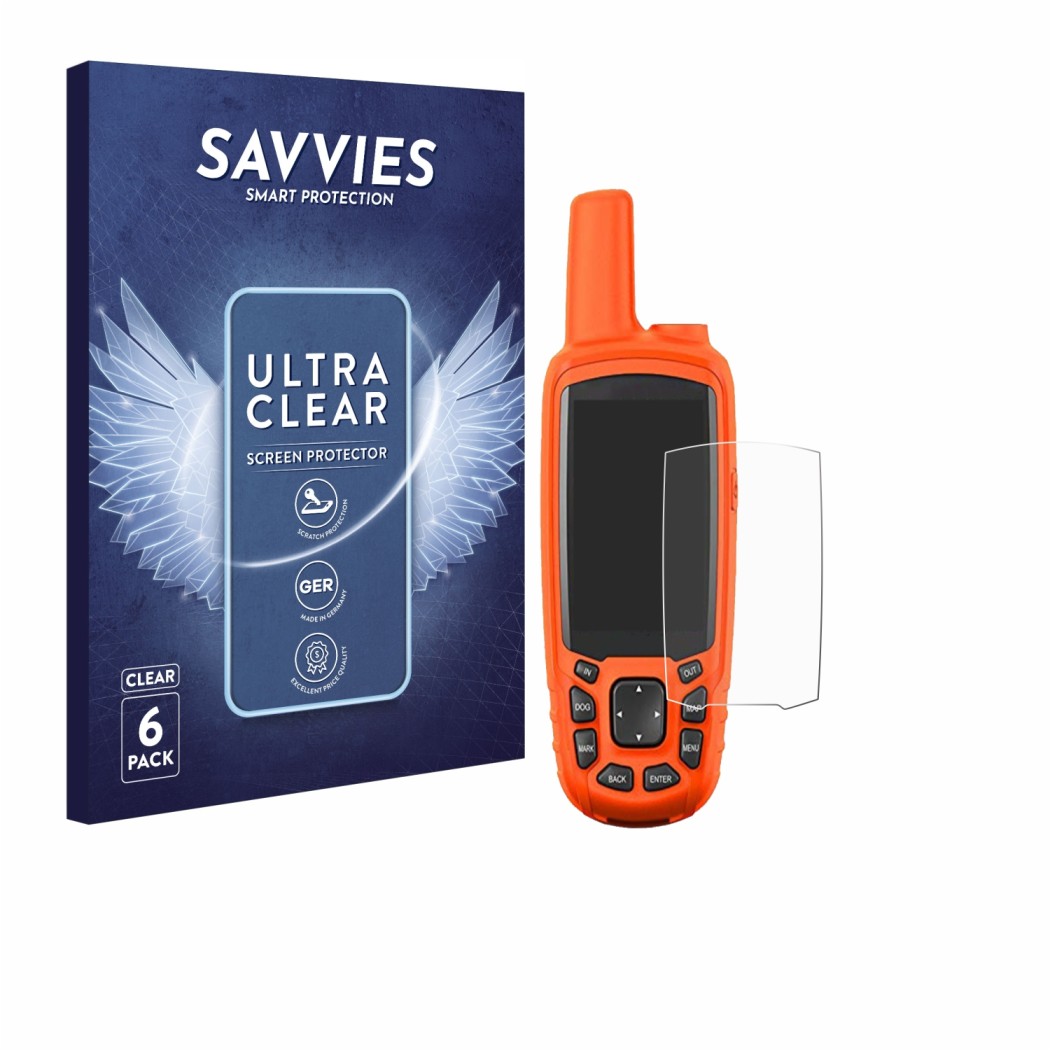 Vorderseite einer Produktverpackung mit dem Markenlogo Savvies. Daneben ist das Gerät Garmin Astro 430 mit dem zugehörigen Dis