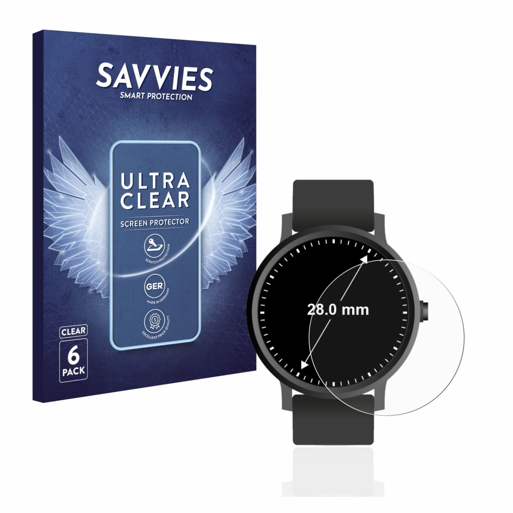 Front side of a product packaging with the brand logo Savvies. Next to it is the device Circular Displays (ø: 28 mm) shown wit