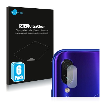 Front side of a product packaging with the brand logo Savvies. Next to it is the device Xiaomi Redmi Note 7 (ONLY Camera Lens)