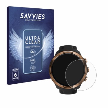Front side of a product packaging with the brand logo Savvies. Next to it is the device Suunto 9 Baro shown with the correspon