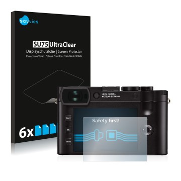 Face avant d’un emballage produit avec le logo de la marque Savvies. À côté, l’appareil Leica Q2 est représenté avec la protec