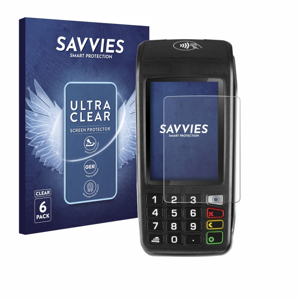 Front side of a product packaging with the brand logo Savvies. Next to it is the device ingenico Move/5000 shown with the corr