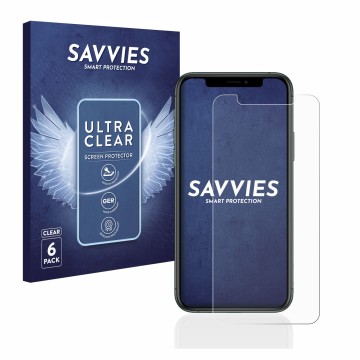 Face avant d’un emballage produit avec le logo de la marque Savvies. À côté, l’appareil Apple iPhone 11 Pro est représenté ave