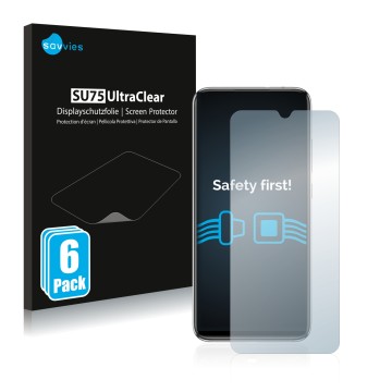 Vorderseite einer Produktverpackung mit dem Markenlogo Savvies. Daneben ist das Gerät Xiaomi Mi A3 mit dem zugehörigen Display