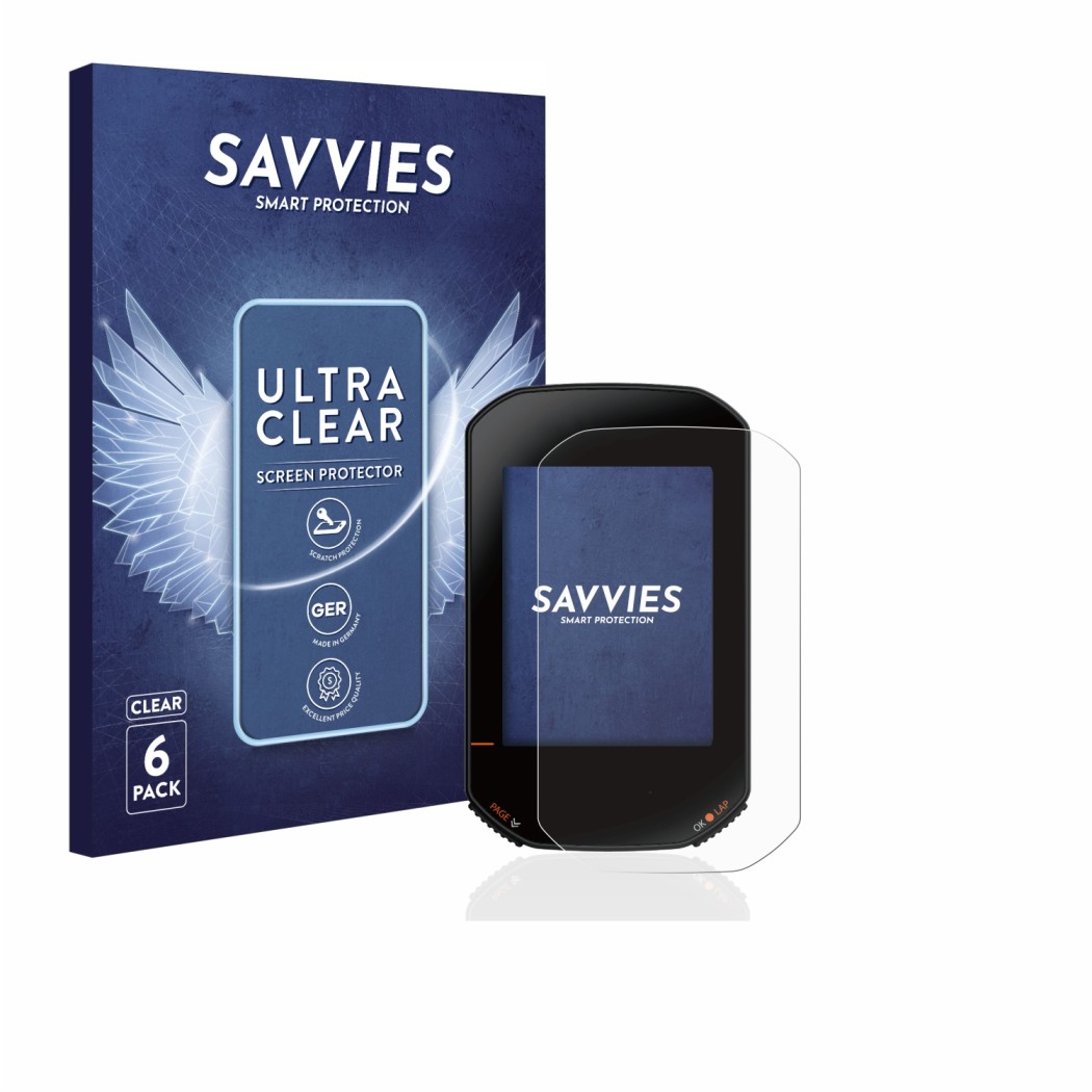 Front side of a product packaging with the brand logo Savvies. Next to it is the device Bryton Rider 420 shown with the corres