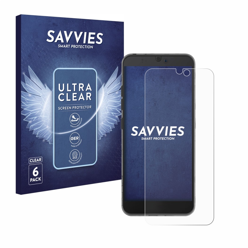 Front side of a product packaging with the brand logo Savvies. Next to it is the device Fairphone 3 shown with the correspondi