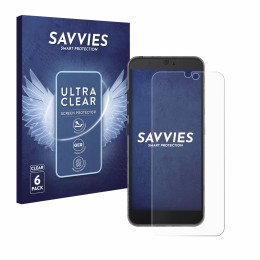 Vorderseite einer Produktverpackung mit dem Markenlogo Savvies. Daneben ist das Gerät Fairphone 3 mit dem zugehörigen Displays