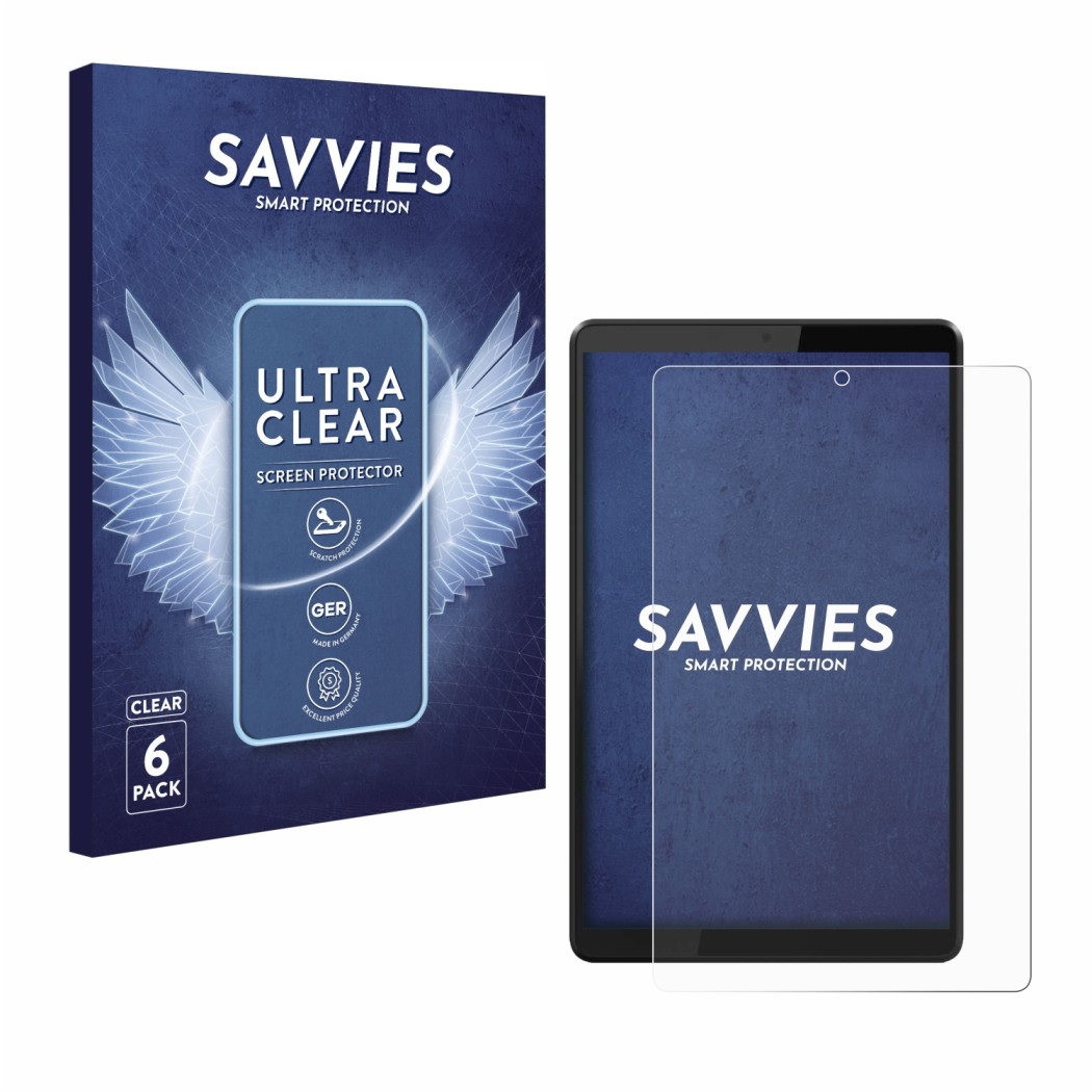 Front side of a product packaging with the brand logo Savvies. Next to it is the device Lenovo Tab M8 shown with the correspon