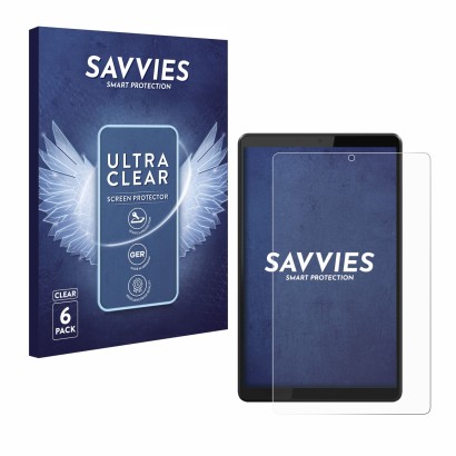 Front side of a product packaging with the brand logo Savvies. Next to it is the device Lenovo Tab M8 shown with the correspon