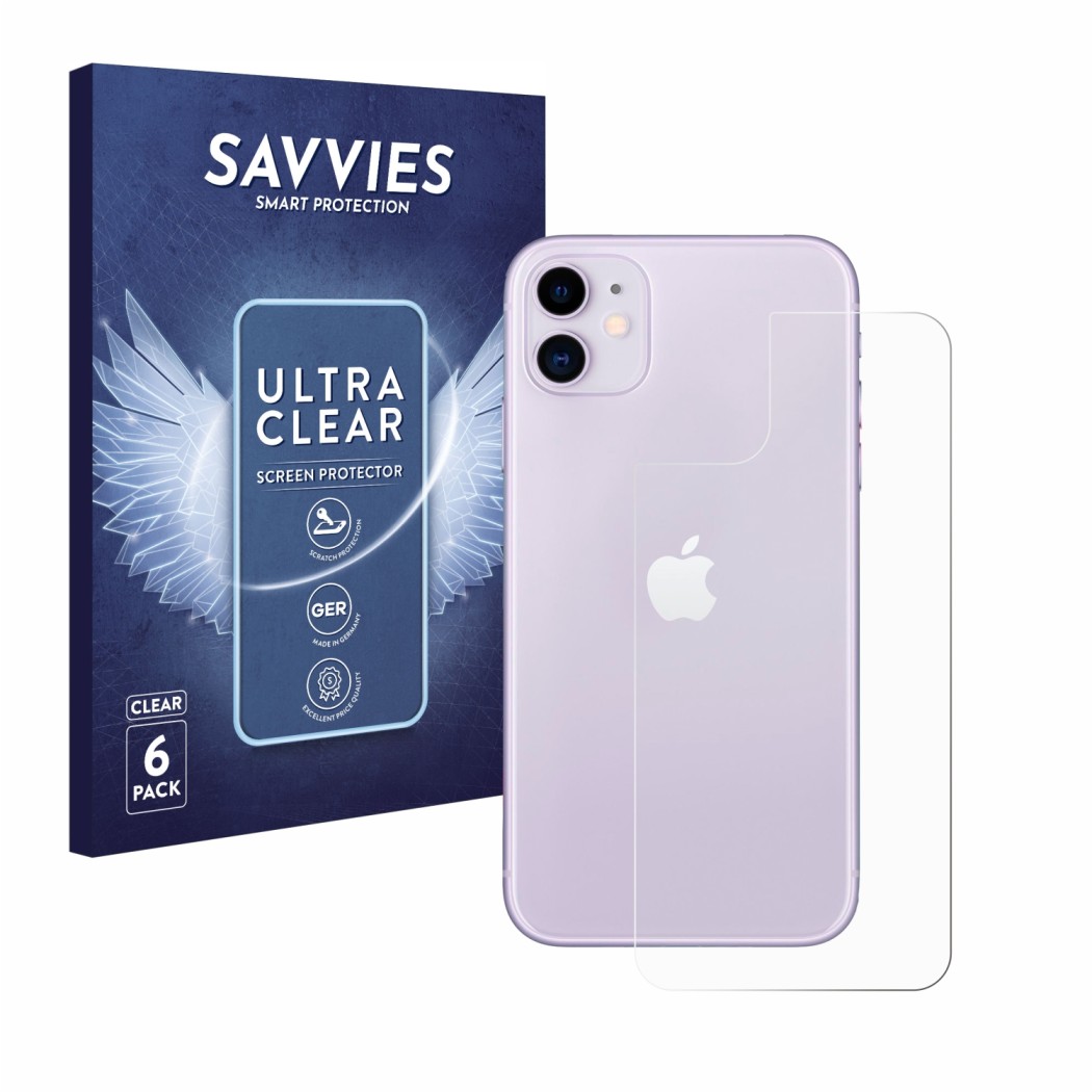 Front side of a product packaging with the brand logo Savvies. Next to it is the device Apple iPhone 11 (Back) shown with the 