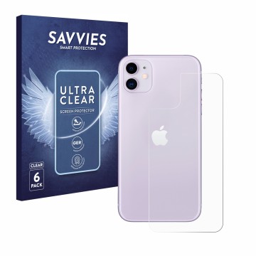 Front side of a product packaging with the brand logo Savvies. Next to it is the device Apple iPhone 11 (Back) shown with the 