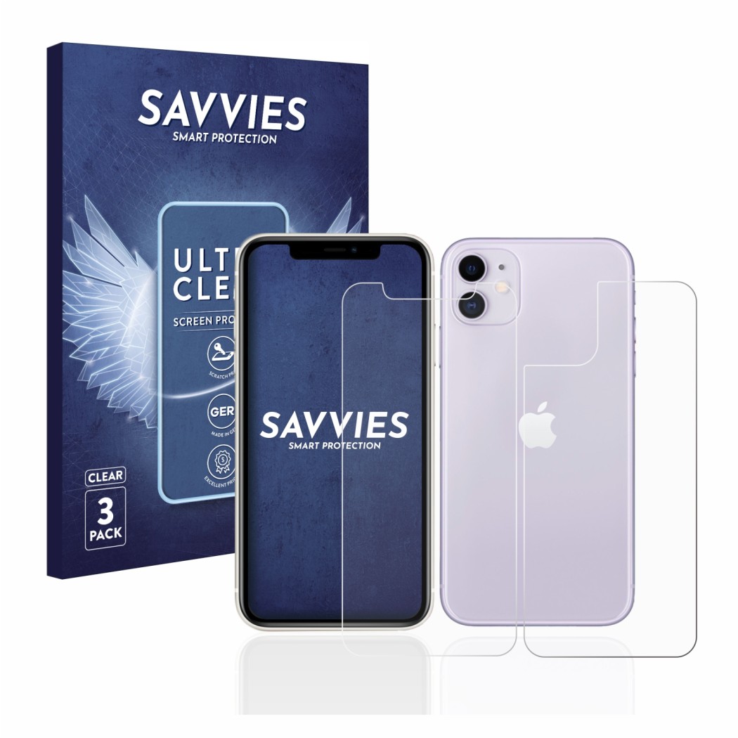Front side of a product packaging with the brand logo Savvies. Next to it is the device Apple iPhone 11 (Front+Back) shown wit