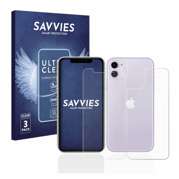 Front side of a product packaging with the brand logo Savvies. Next to it is the device Apple iPhone 11 (Front+Back) shown wit