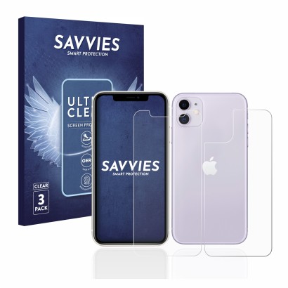 Front side of a product packaging with the brand logo Savvies. Next to it is the device Apple iPhone 11 (Front+Back) shown wit