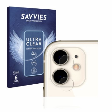 Front side of a product packaging with the brand logo Savvies. Next to it is the device Apple iPhone 11 (ONLY Camera Lens) sho