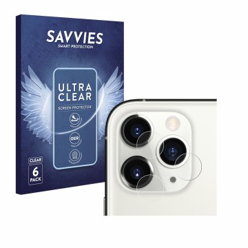 Face avant d’un emballage produit avec le logo de la marque Savvies. À côté, l’appareil Apple iPhone 11 Pro (Caméra UNIQUEMENT