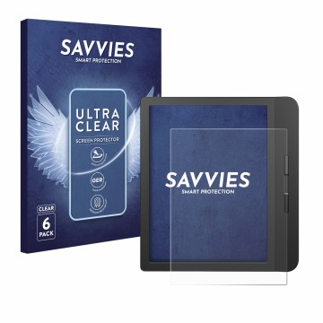 Parte frontal de un envase de producto con el logotipo de la marca Savvies. Al lado se muestra el dispositivo Tolino Vision 5 