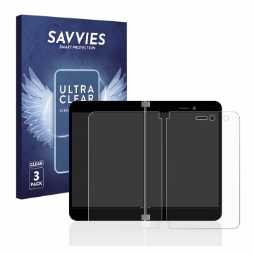 Vorderseite einer Produktverpackung mit dem Markenlogo Savvies. Daneben ist das Gerät Microsoft Surface Duo mit dem zugehörige