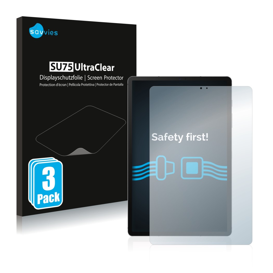 Face avant d’un emballage produit avec le logo de la marque Savvies. À côté, l’appareil Samsung Galaxy Tab S6 2020 est représe