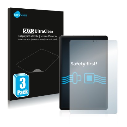 Face avant d’un emballage produit avec le logo de la marque Savvies. À côté, l’appareil Samsung Galaxy Tab S6 2020 est représe