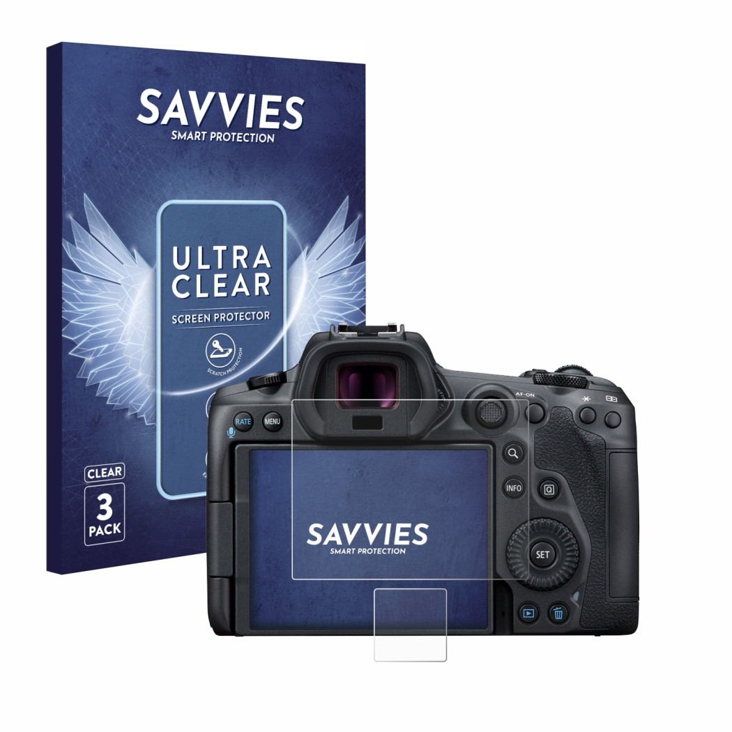 Front side of a product packaging with the brand logo Savvies. Next to it is the device Canon EOS R5 shown with the correspond