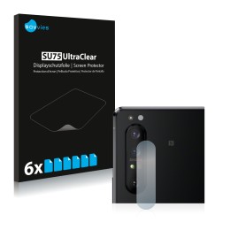 Front side of a product packaging with the brand logo Savvies. Next to it is the device Sony Xperia 1 II (ONLY Camera Lens) sh