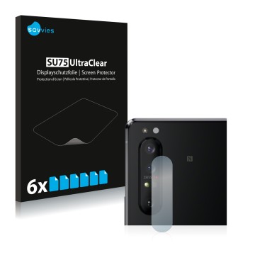 Front side of a product packaging with the brand logo Savvies. Next to it is the device Sony Xperia 1 II (ONLY Camera Lens) sh