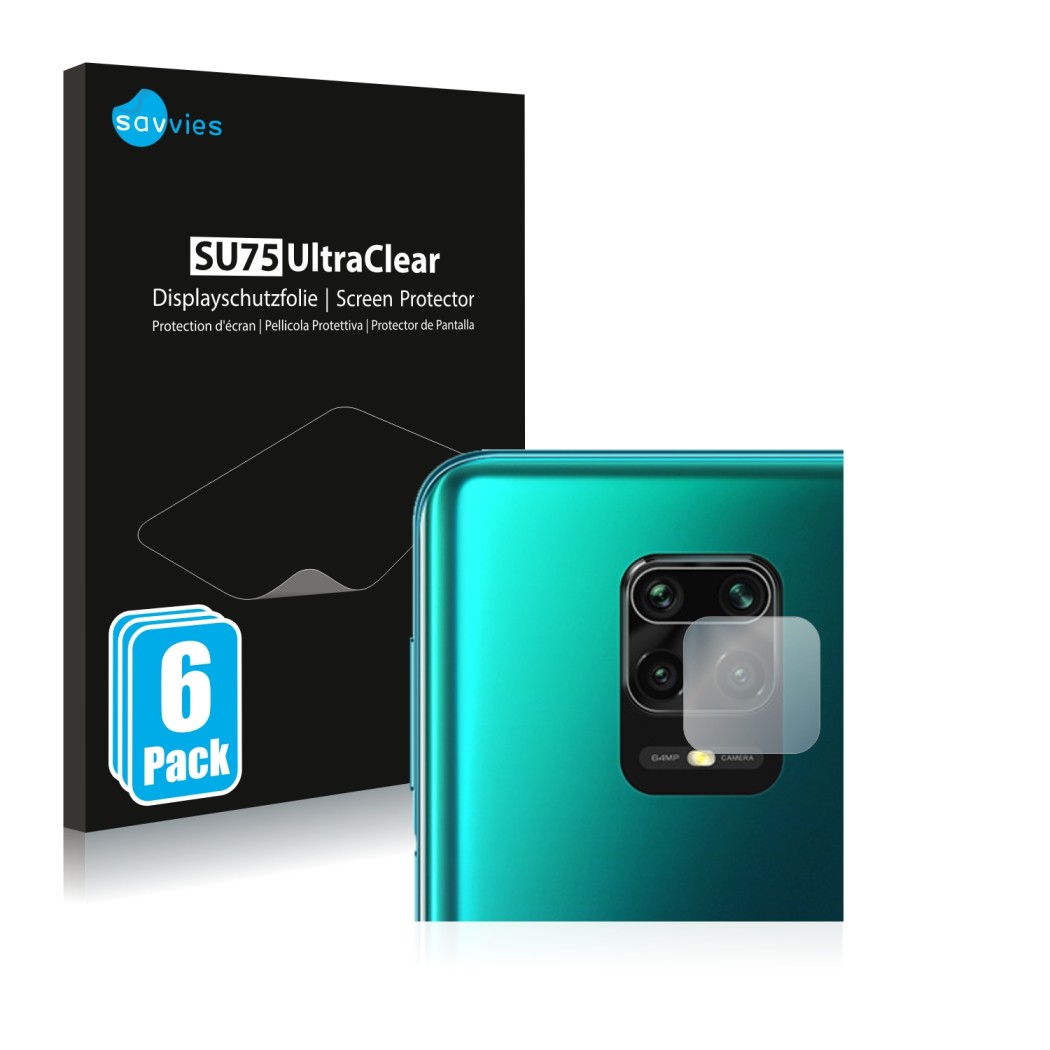 Face avant d’un emballage produit avec le logo de la marque Savvies. À côté, l’appareil Xiaomi Redmi Note 9 Pro Max (Caméra UN