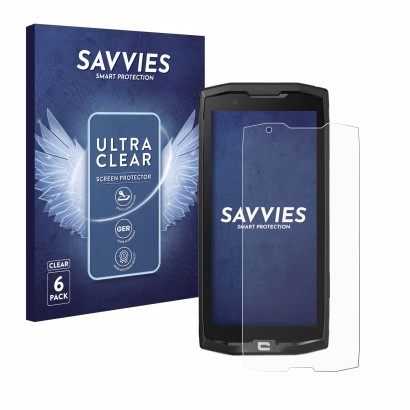 Front side of a product packaging with the brand logo Savvies. Next to it is the device Crosscall Core X4 shown with the corre