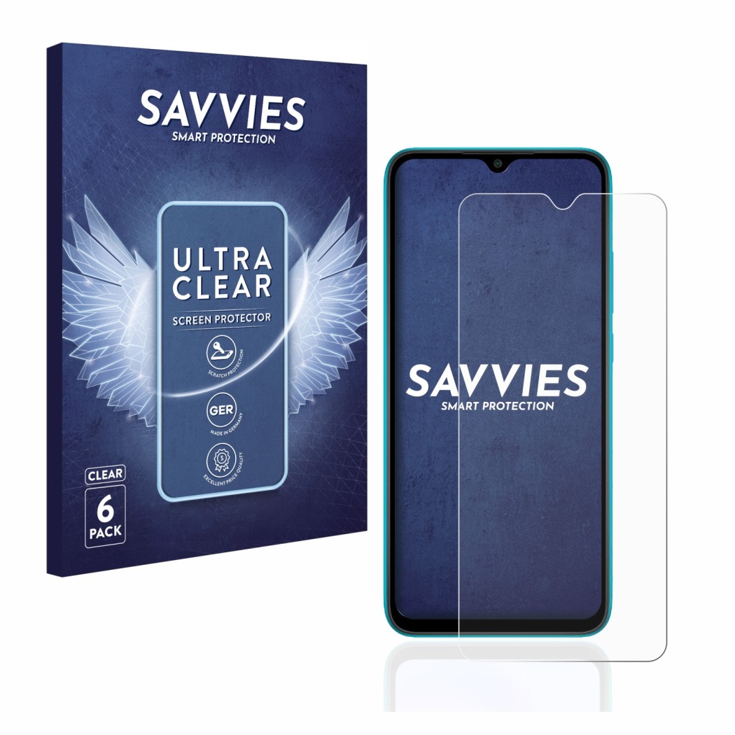 Front side of a product packaging with the brand logo Savvies. Next to it is the device Xiaomi Redmi 9A shown with the corresp