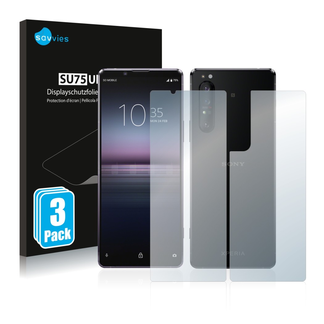 Front side of a product packaging with the brand logo Savvies. Next to it is the device Sony Xperia 1 II (Front+Back) shown wi