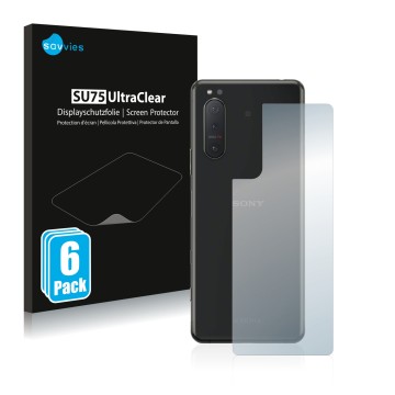 Front side of a product packaging with the brand logo Savvies. Next to it is the device Sony Xperia 5 II (Back) shown with the