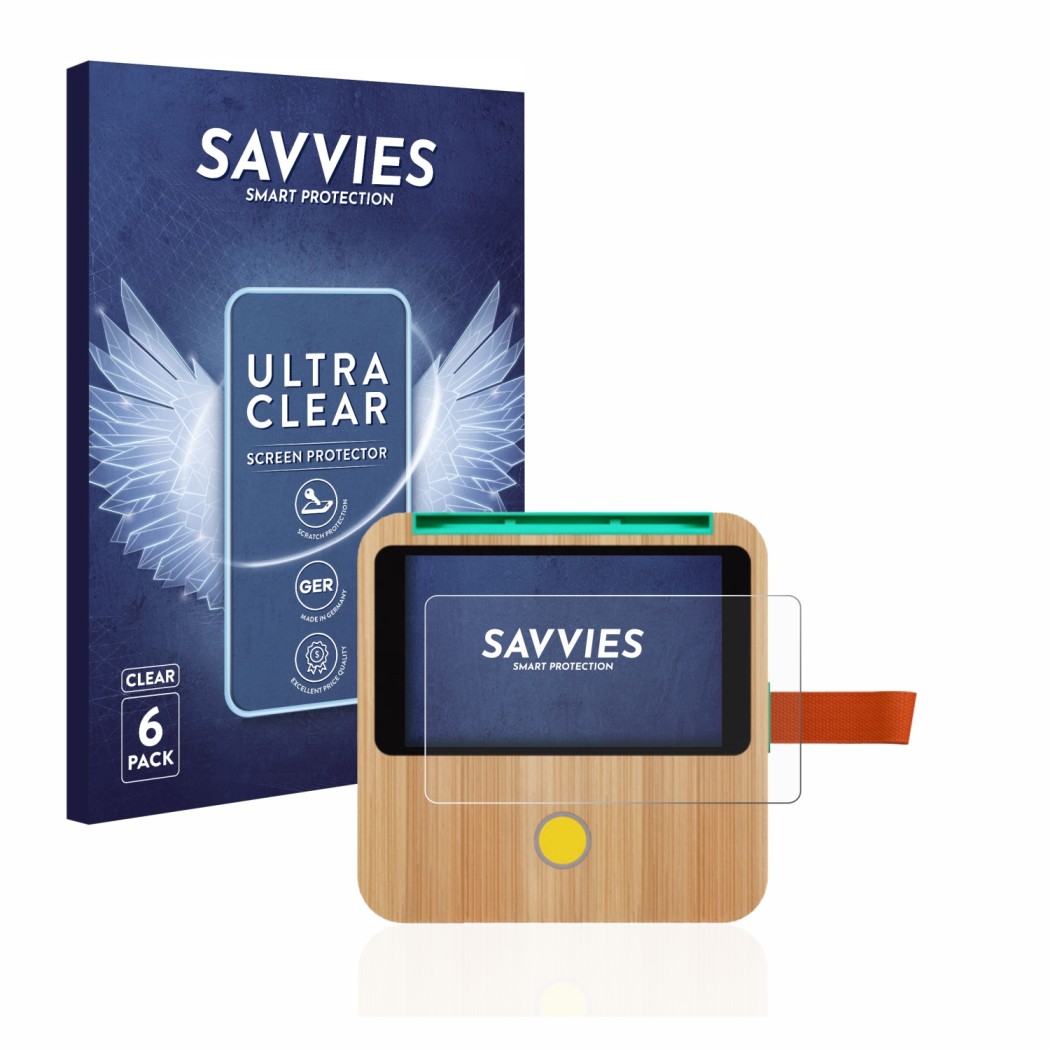 Face avant d’un emballage produit avec le logo de la marque Savvies. À côté, l’appareil tigerbox Touch est représenté avec la 