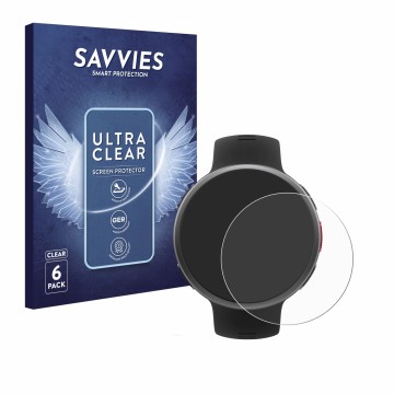 Front side of a product packaging with the brand logo Savvies. Next to it is the device Polar Vantage V2 shown with the corres