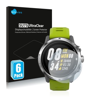 Parte frontale di una confezione del prodotto con il logo del marchio Savvies. Accanto è raffigurato il dispositivo Coros Apex