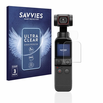Parte frontal de un envase de producto con el logotipo de la marca Savvies. Al lado se muestra el dispositivo DJI Osmo Pocket 