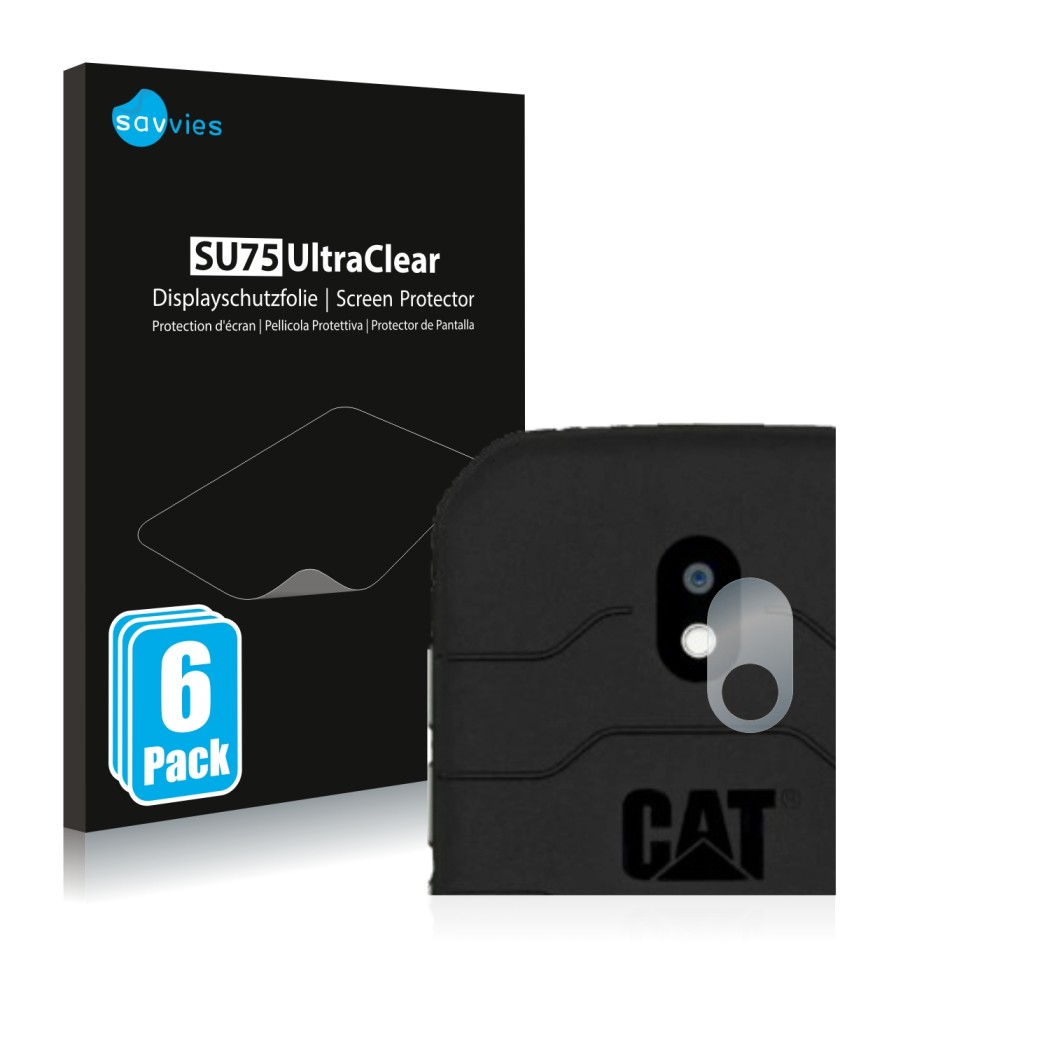 Vorderseite einer Produktverpackung mit dem Markenlogo Savvies. Daneben ist das Gerät Caterpillar Cat S42 (NUR Kameraschutz) m