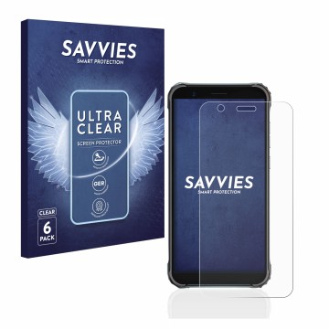 Vorderseite einer Produktverpackung mit dem Markenlogo Savvies. Daneben ist das Gerät Blackview BV4900 Pro mit dem zugehörigen