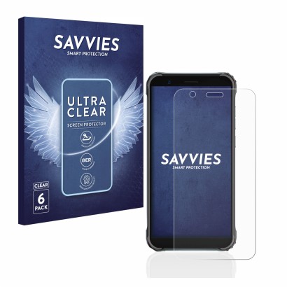 Vorderseite einer Produktverpackung mit dem Markenlogo Savvies. Daneben ist das Gerät Blackview BV4900 Pro mit dem zugehörigen