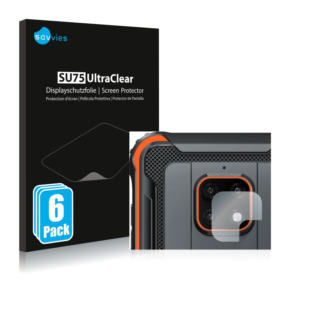 Vorderseite einer Produktverpackung mit dem Markenlogo Savvies. Daneben ist das Gerät Blackview BV4900 Pro (NUR Kameraschutz) 