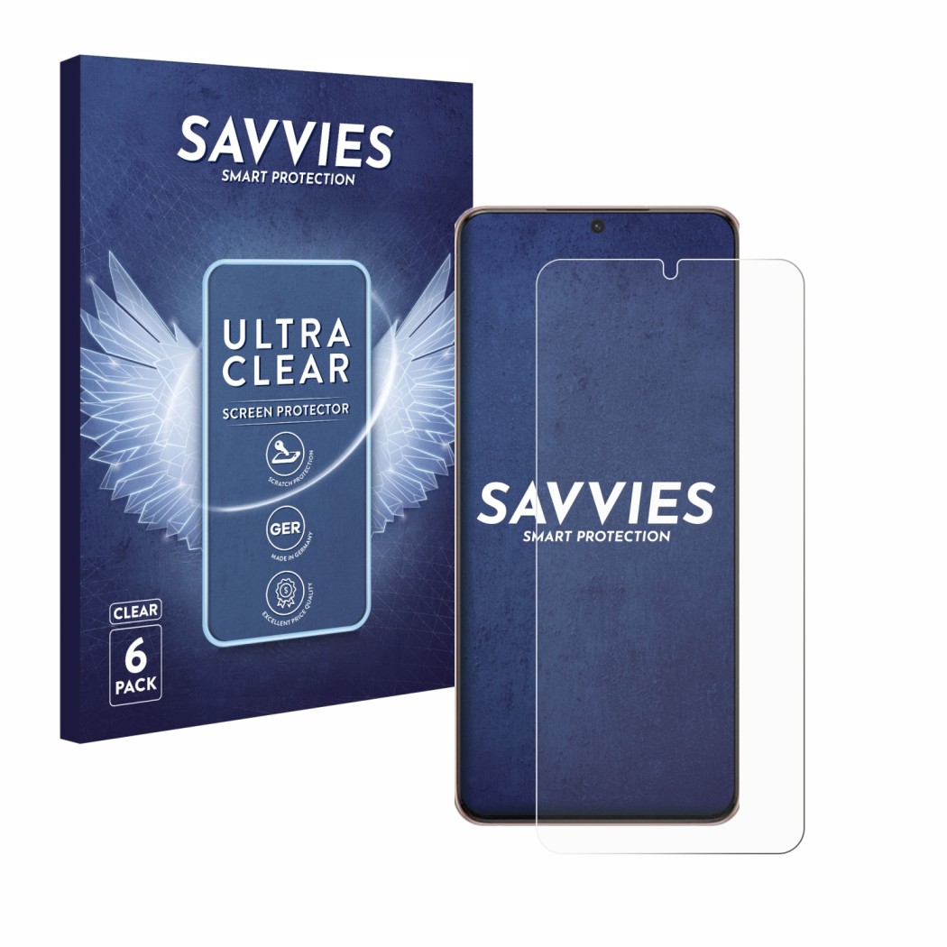 Front side of a product packaging with the brand logo Savvies. Next to it is the device Samsung Galaxy S21 Plus 5G shown with 