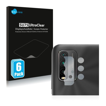 Face avant d’un emballage produit avec le logo de la marque Savvies. À côté, l’appareil Xiaomi Redmi 9T (Caméra UNIQUEMENT) es