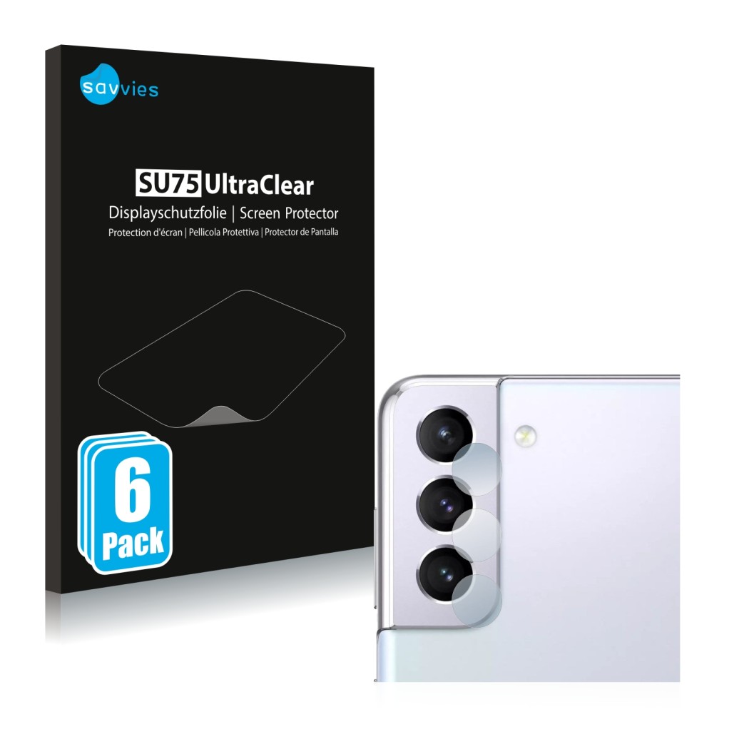 Face avant d’un emballage produit avec le logo de la marque Savvies. À côté, l’appareil Samsung Galaxy S21 5G (Caméra UNIQUEME