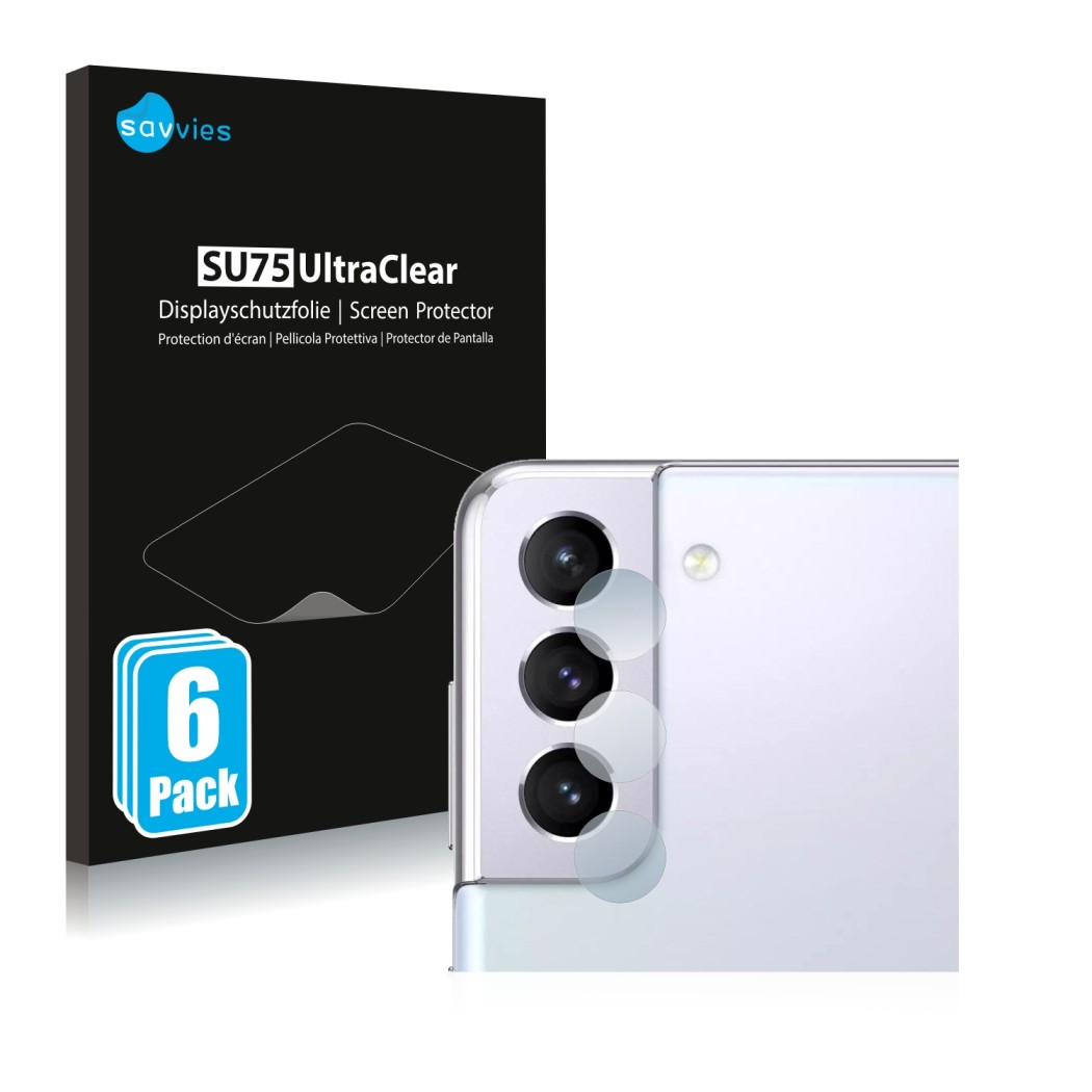Vorderseite einer Produktverpackung mit dem Markenlogo Savvies. Daneben ist das Gerät Samsung Galaxy S21 Plus 5G (NUR Kamerasc