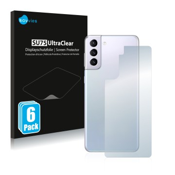 Face avant d’un emballage produit avec le logo de la marque Savvies. À côté, l’appareil Samsung Galaxy S21 Plus 5G (Arrière) e
