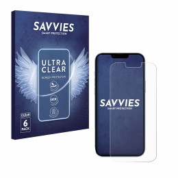 Vorderseite einer Produktverpackung mit dem Markenlogo Savvies. Daneben ist das Gerät Apple iPhone 13 Pro Max mit dem zugehöri